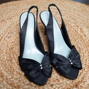 Black Satin Bow Slingback Heels Lela Rose Size 9.5